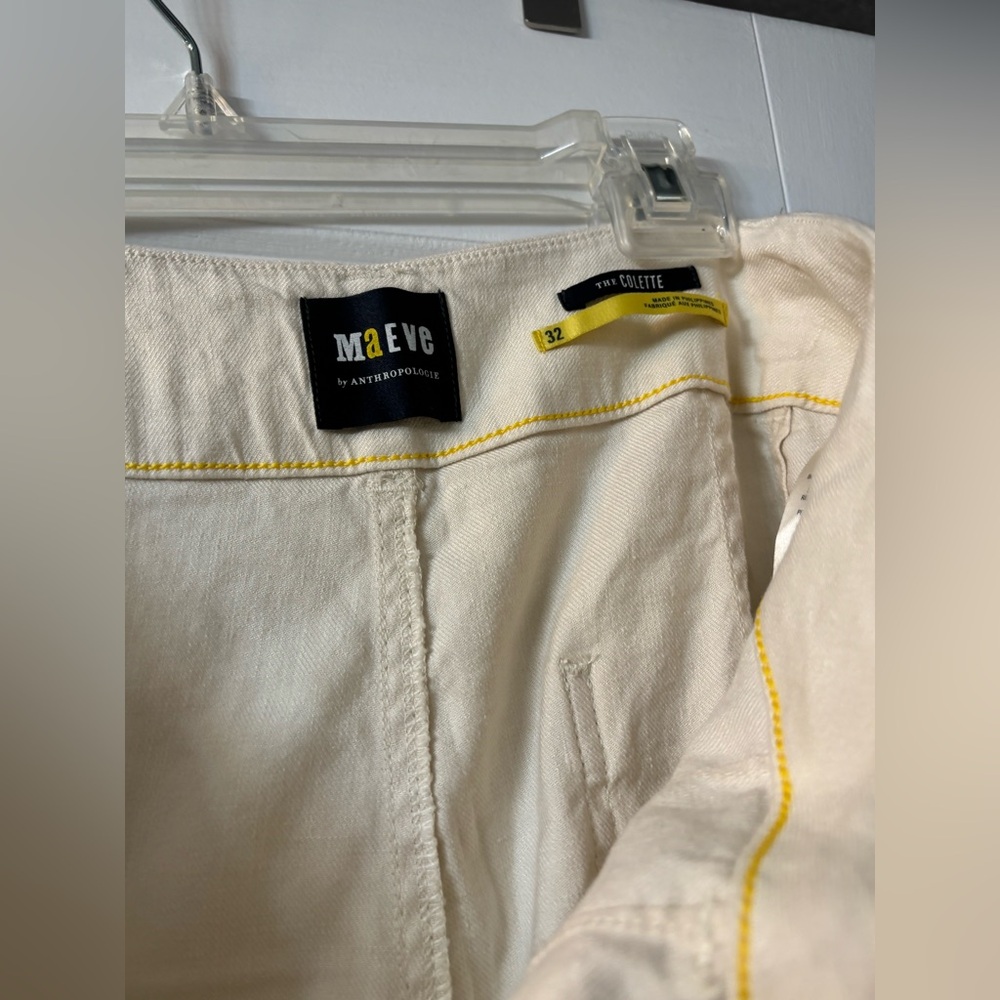 Maeve by Anthropologie Cream Wide-Leg Linen Pant with Yellow Stitching